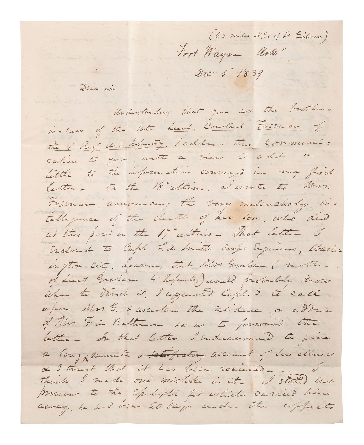 [MILITARIA]. Letter written from Fort Wayne discussing loss of an officer. Arkansas, 5 Dec. 1839.