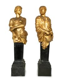 A Pair of Monumental Gilt Metal Figures on Marble Pedestals — 20TH CENTURY