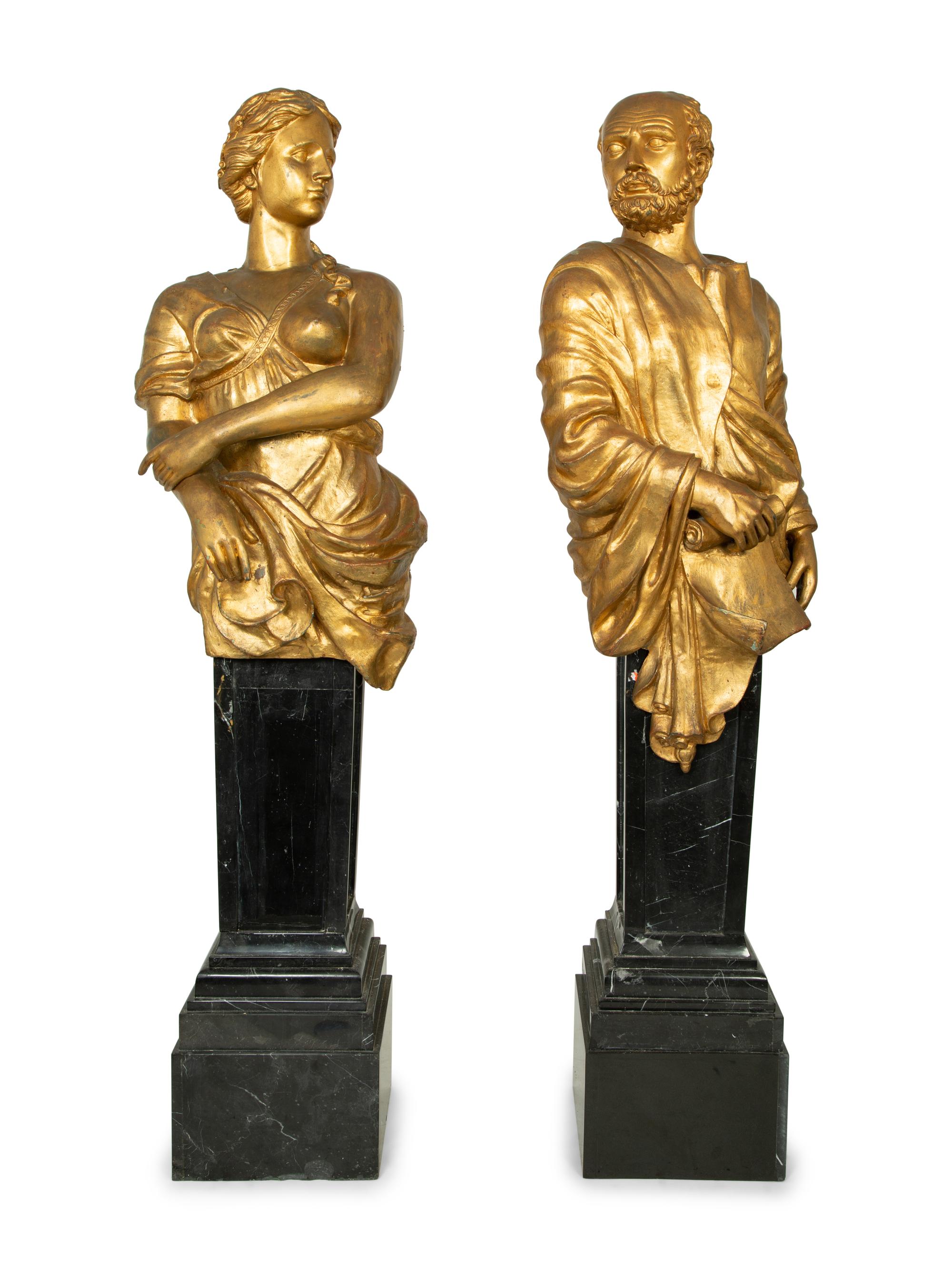 A Pair of Monumental Gilt Metal Figures on Marble Pedestals — 20TH CENTURY