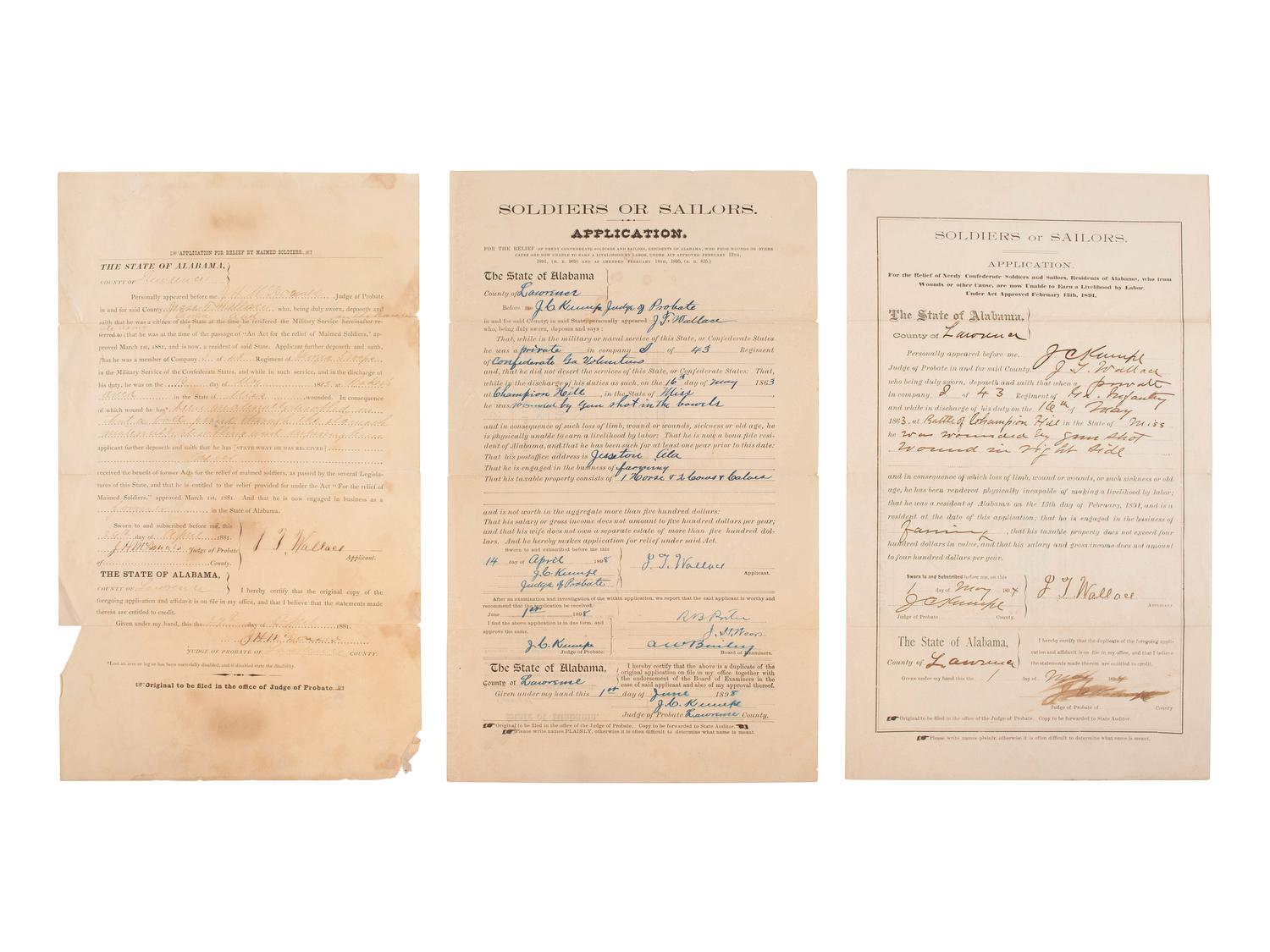[CONFEDERATE VETERANS]. A group of pension and relief applications by Confederate veterans who were wounded in action during the Civil War, comprising:
