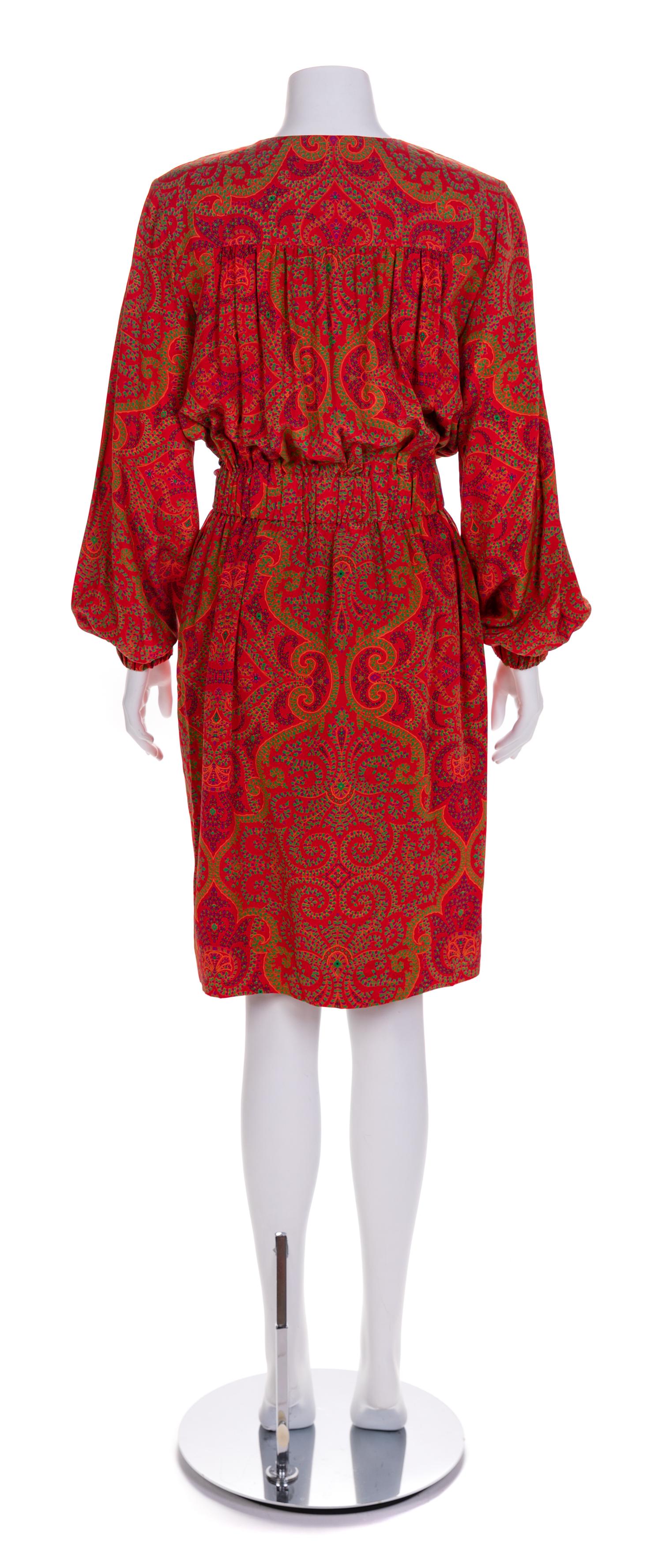 Bill Blass Red Floral Dress with Leather Tie, 1980s No size label