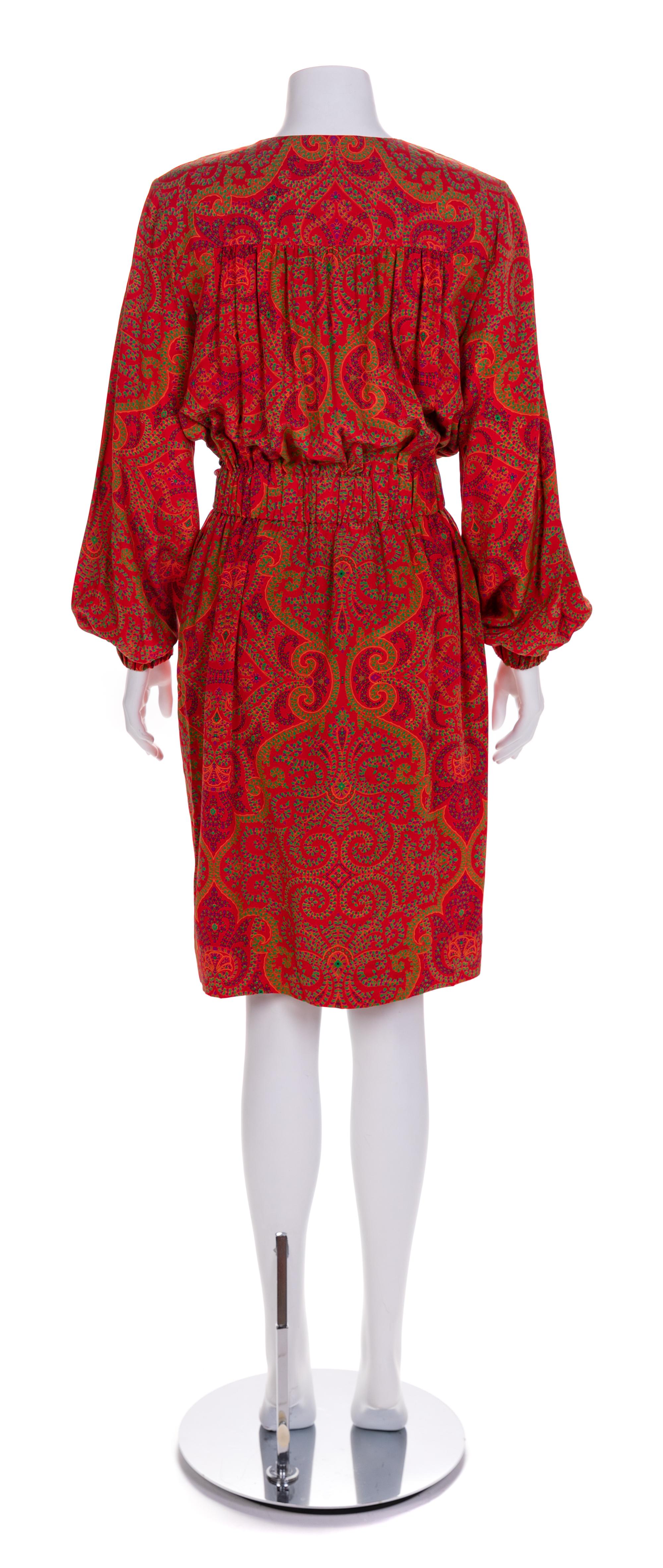 Bill Blass Red Floral Dress with Leather Tie, 1980s No size label