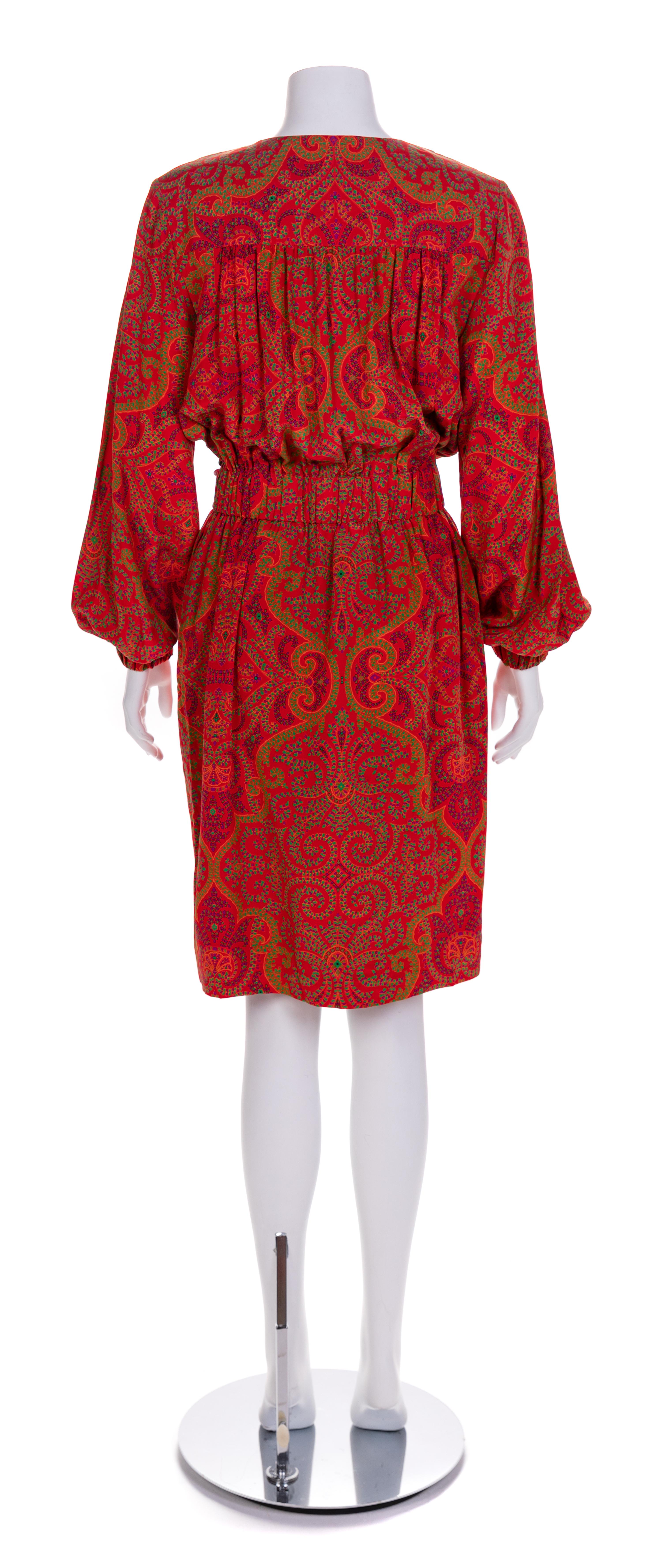 Bill Blass Red Floral Dress with Leather Tie, 1980s No size label