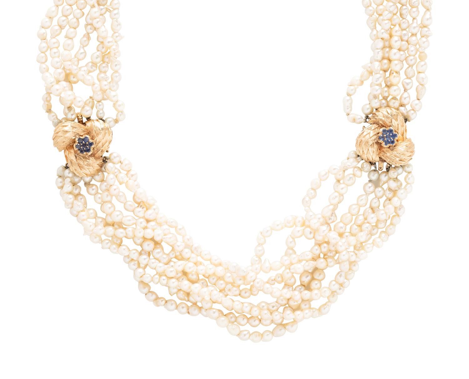 YELLOW GOLD, SAPPHIRE AND CULTURED CONVERTIBLE NECKLACE/BRACELET