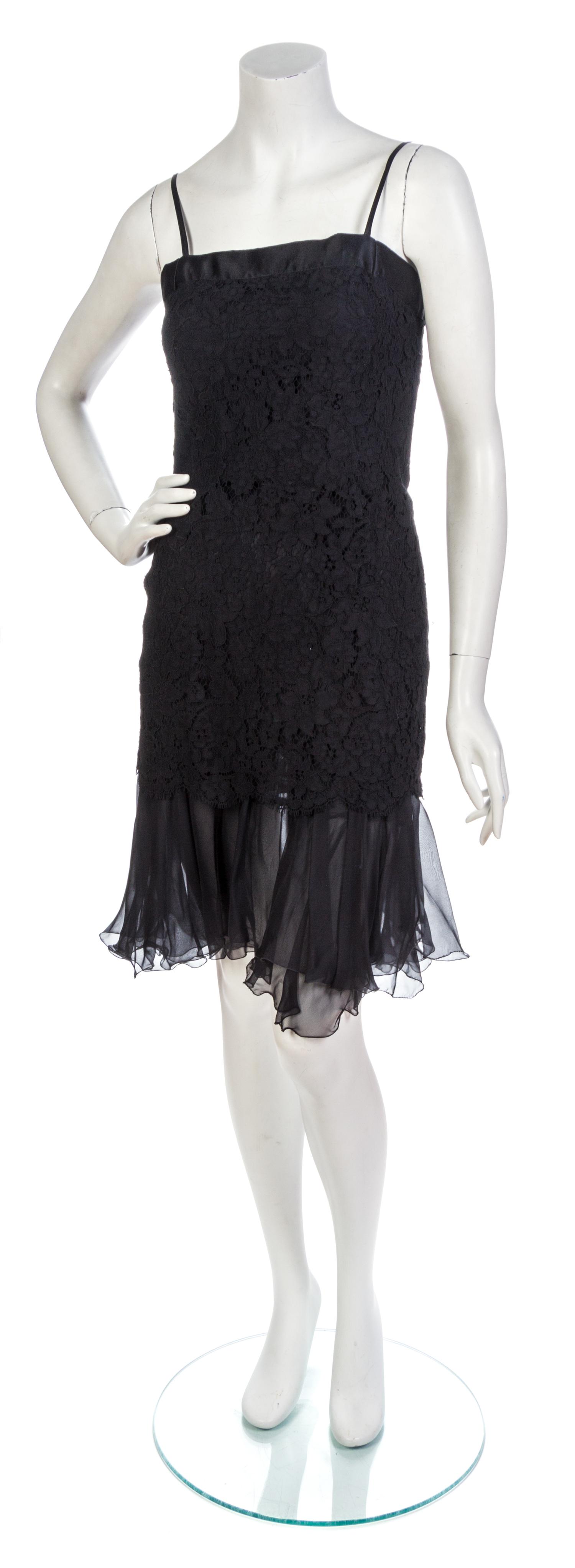 A Chanel Black Cotton Lace Cocktail Dress Ensemble, Jacket size 40, dress size 40.