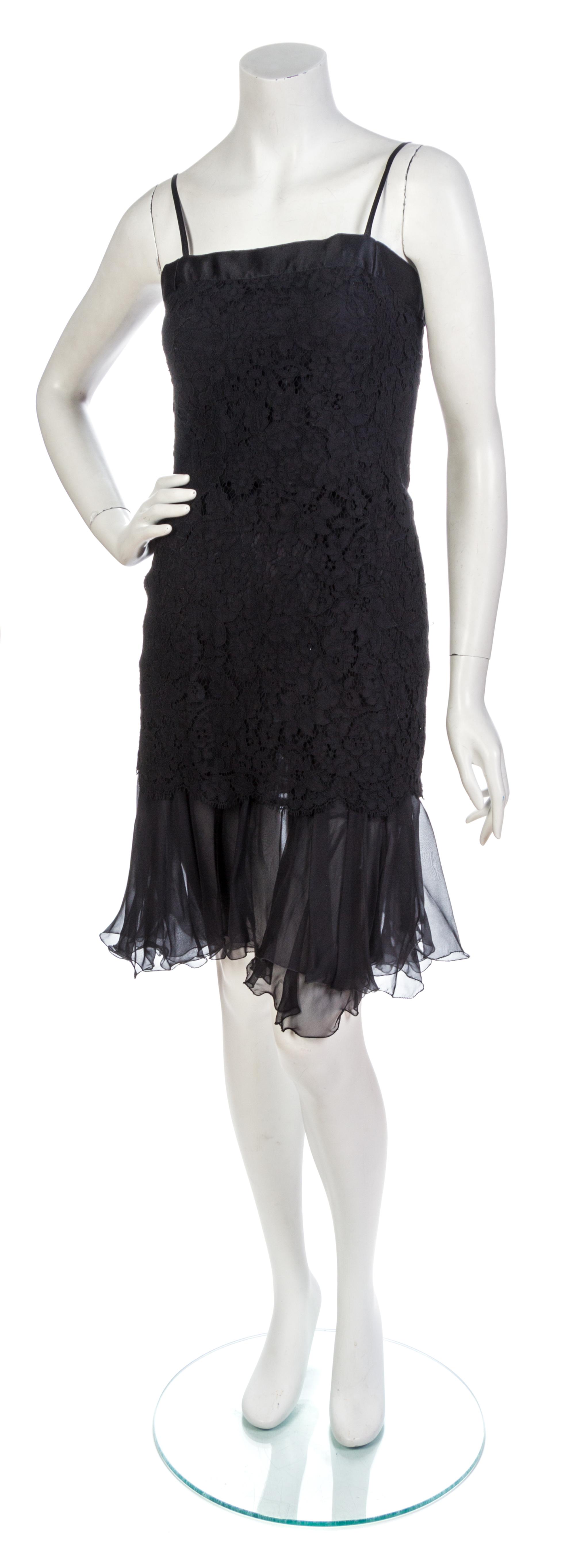 A Chanel Black Cotton Lace Cocktail Dress Ensemble, Jacket size 40, dress size 40.