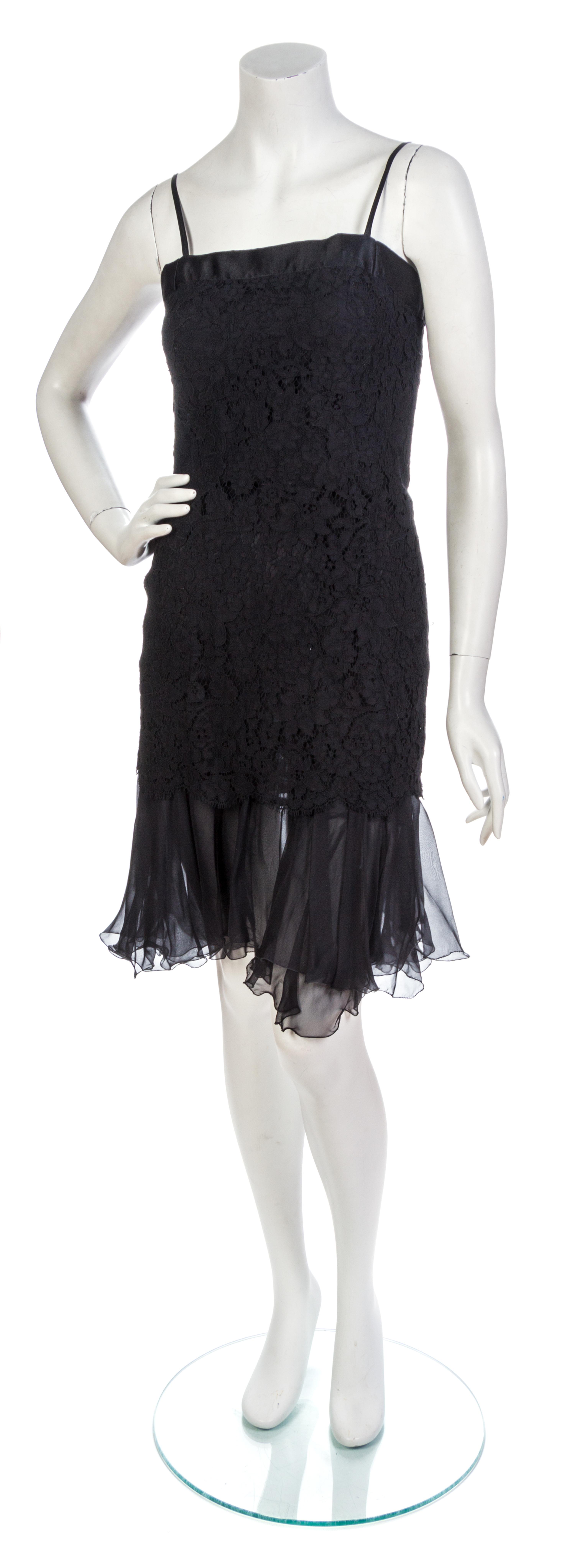 A Chanel Black Cotton Lace Cocktail Dress Ensemble, Jacket size 40, dress size 40.