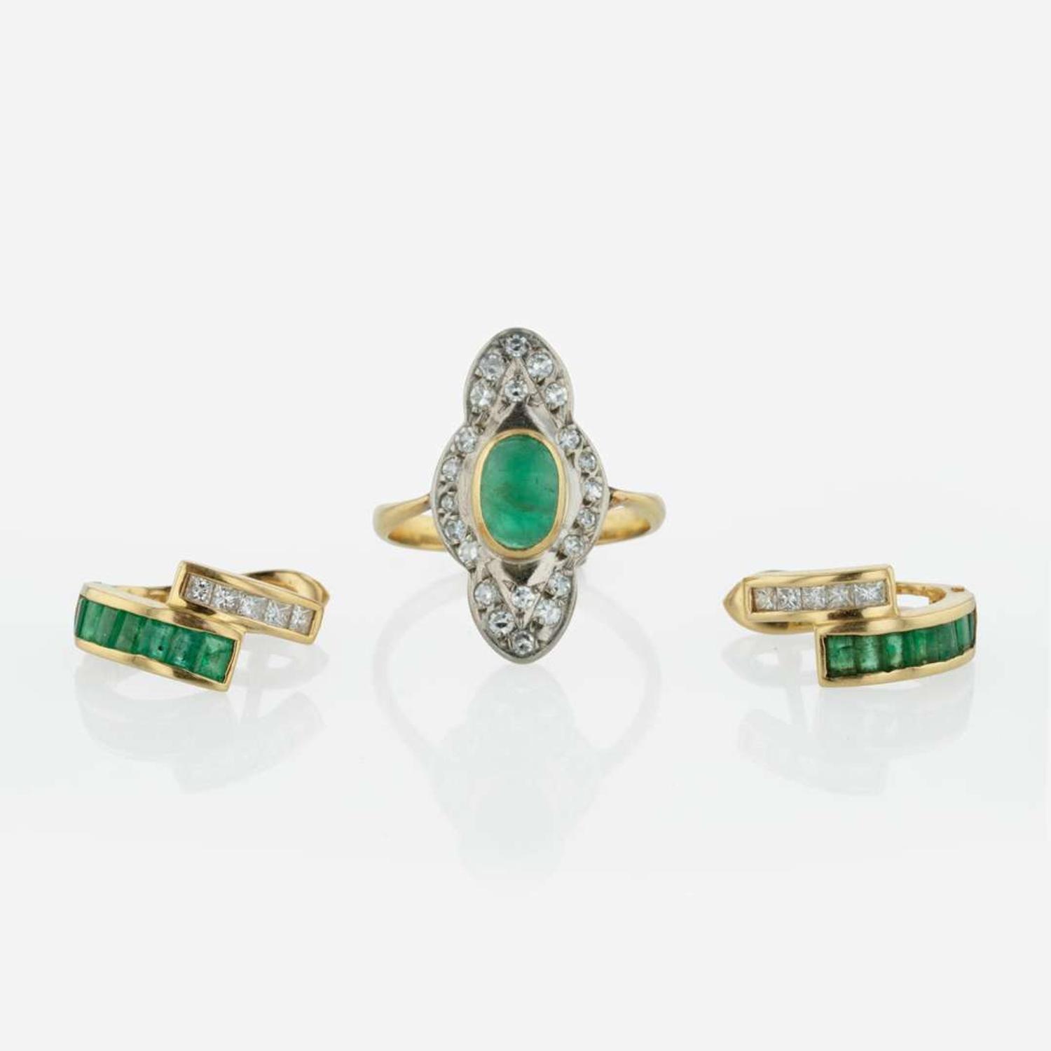 A Set of Emerald and Diamond Earrings and Ring