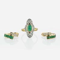 A Set of Emerald and Diamond Earrings and Ring