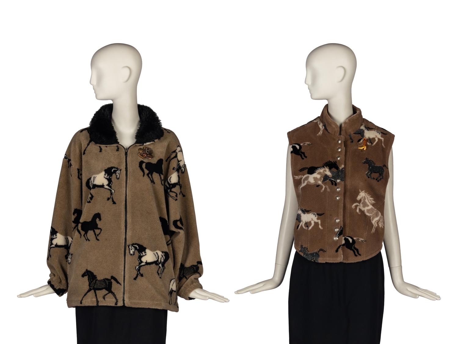 Two Equestrian Motif Fleece Knits and Two Brooches