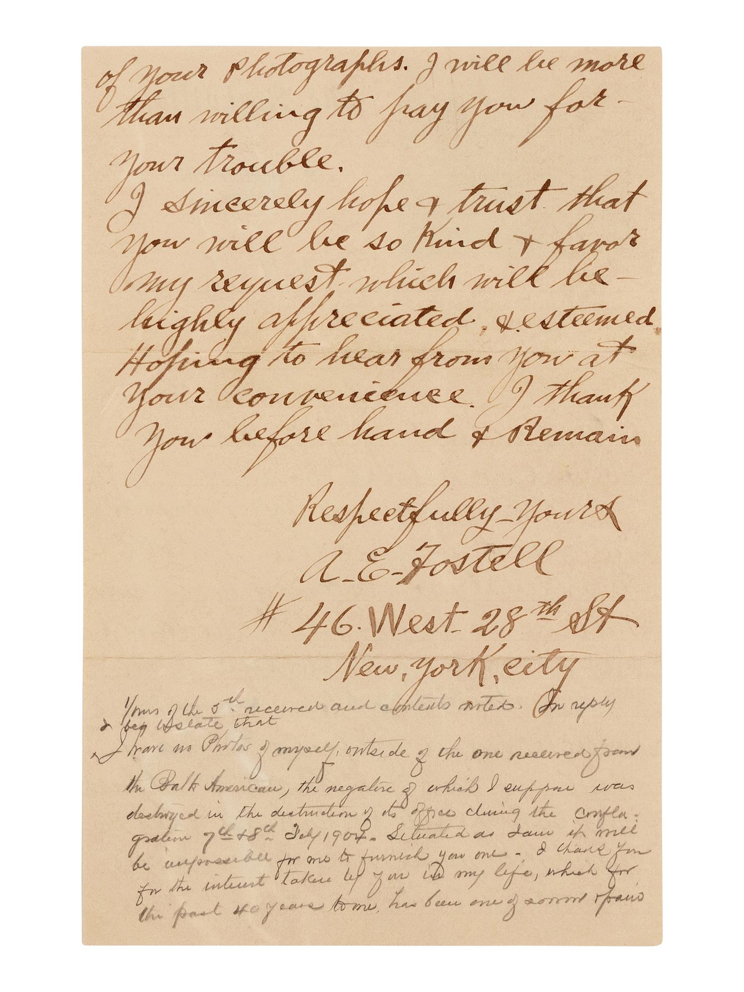 [LINCOLN ASSASSINATION]. ARNOLD, Samuel B. (1834-1906). Autograph note unsigned but in Arnold's hand on letter sent by A.E. Fostell. Friendship, Anne Arundel County, Maryland, ca July 1904.