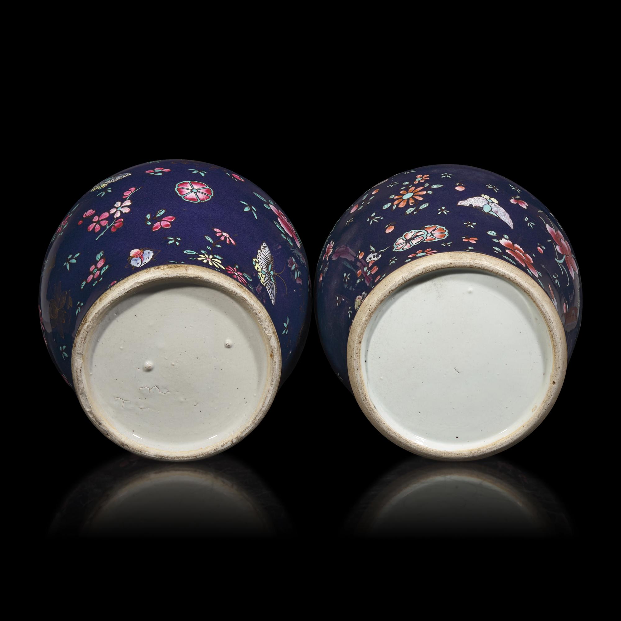 A Pair of Chinese Enameled Blue-Ground Porcelain Jars and Covers, First Half 19th Century — 清中期 藍地粉彩蝶戀花紋將軍罐一對
