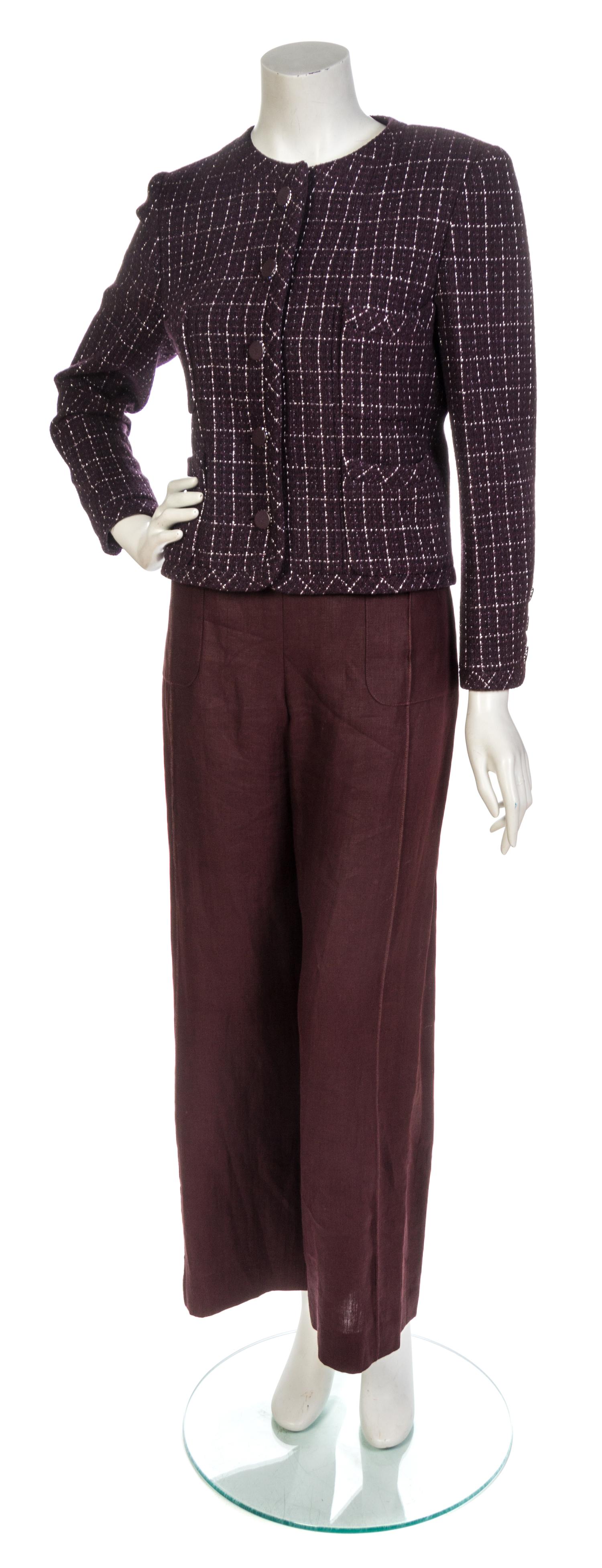 A Chanel Bordeaux Wool and Silver Lurex Tweed Jacket, Jacket size 42, pants size 42.