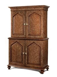 An Anglo-Colonial Bone Inlaid Two-Part Cabinet