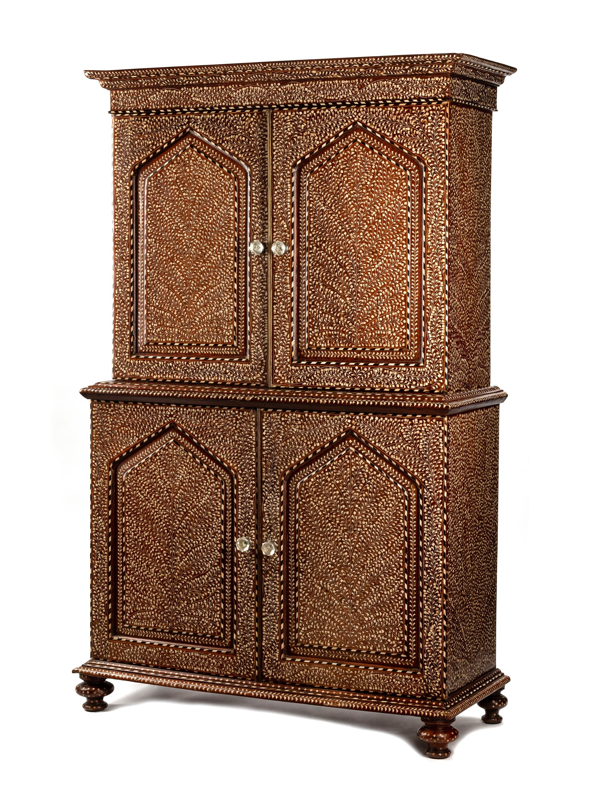 An Anglo-Colonial Bone Inlaid Two-Part Cabinet