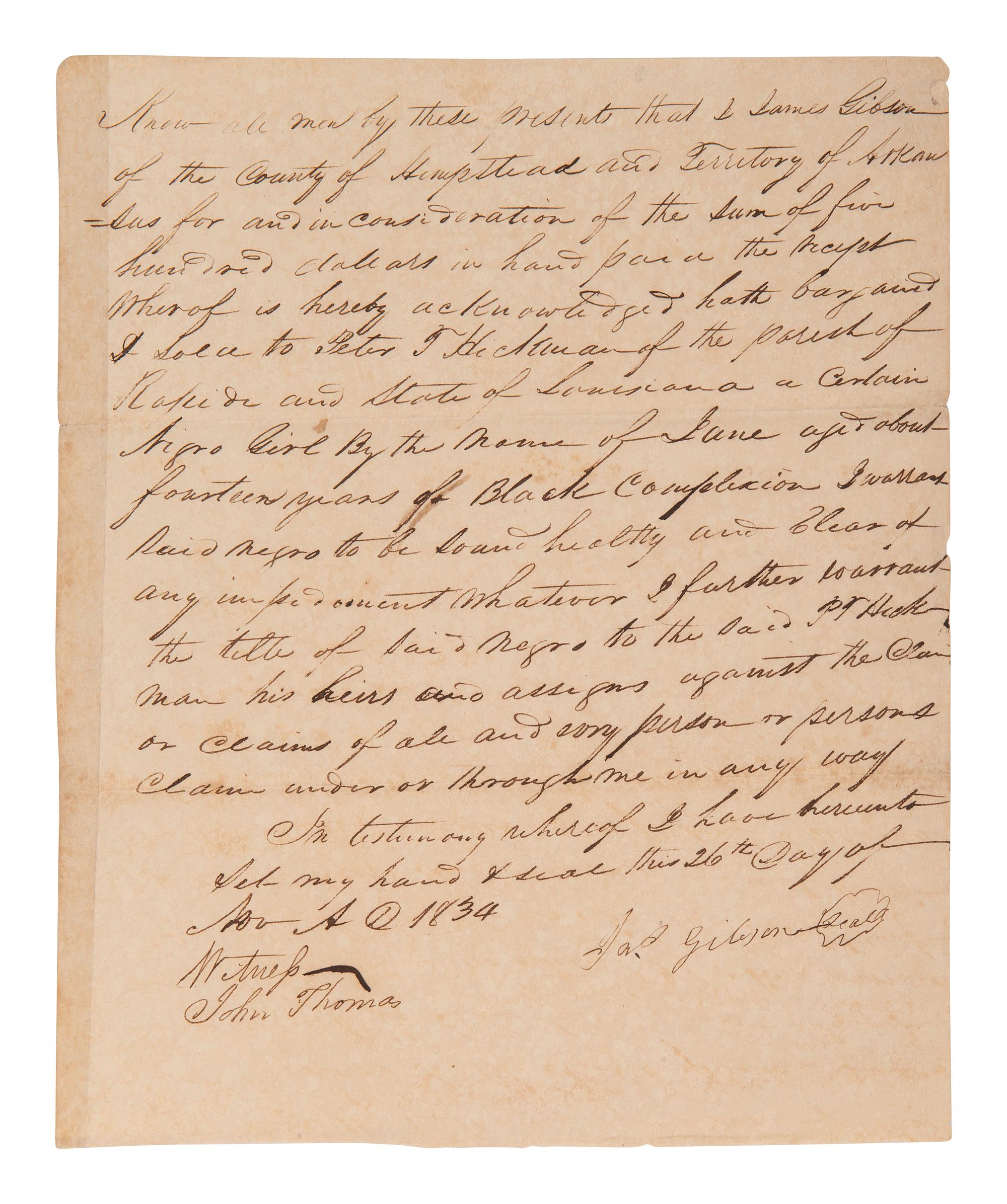 [ENSLAVEMENT]. Manuscript bill of sale for a "Negro Girl" named Jane. Arkansas Territory, 1834.