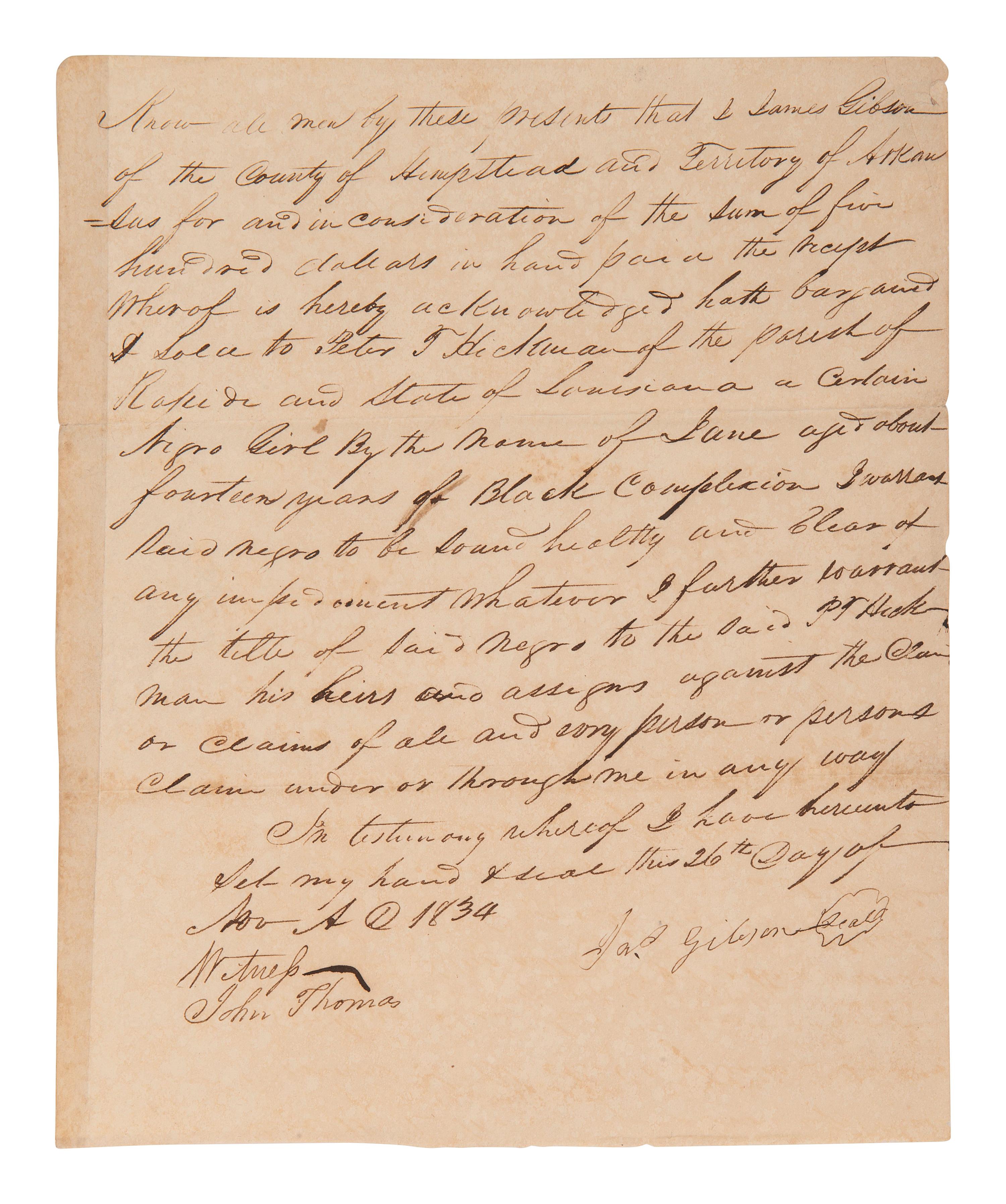 [ENSLAVEMENT]. Manuscript bill of sale for a "Negro Girl" named Jane. Arkansas Territory, 1834.