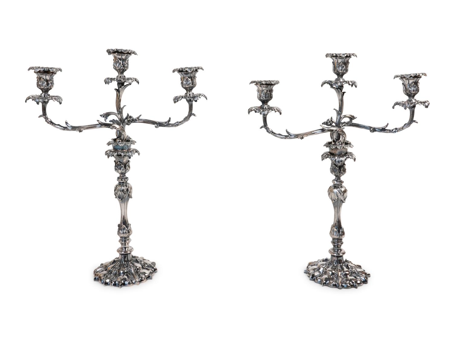 A Pair of Silvered Bronze Three-Light Candelabra — 19TH CENTURY