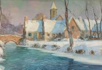Winter Village Scene with River
