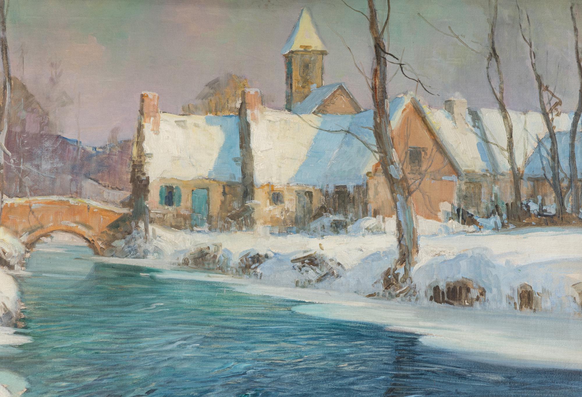Winter Village Scene with River