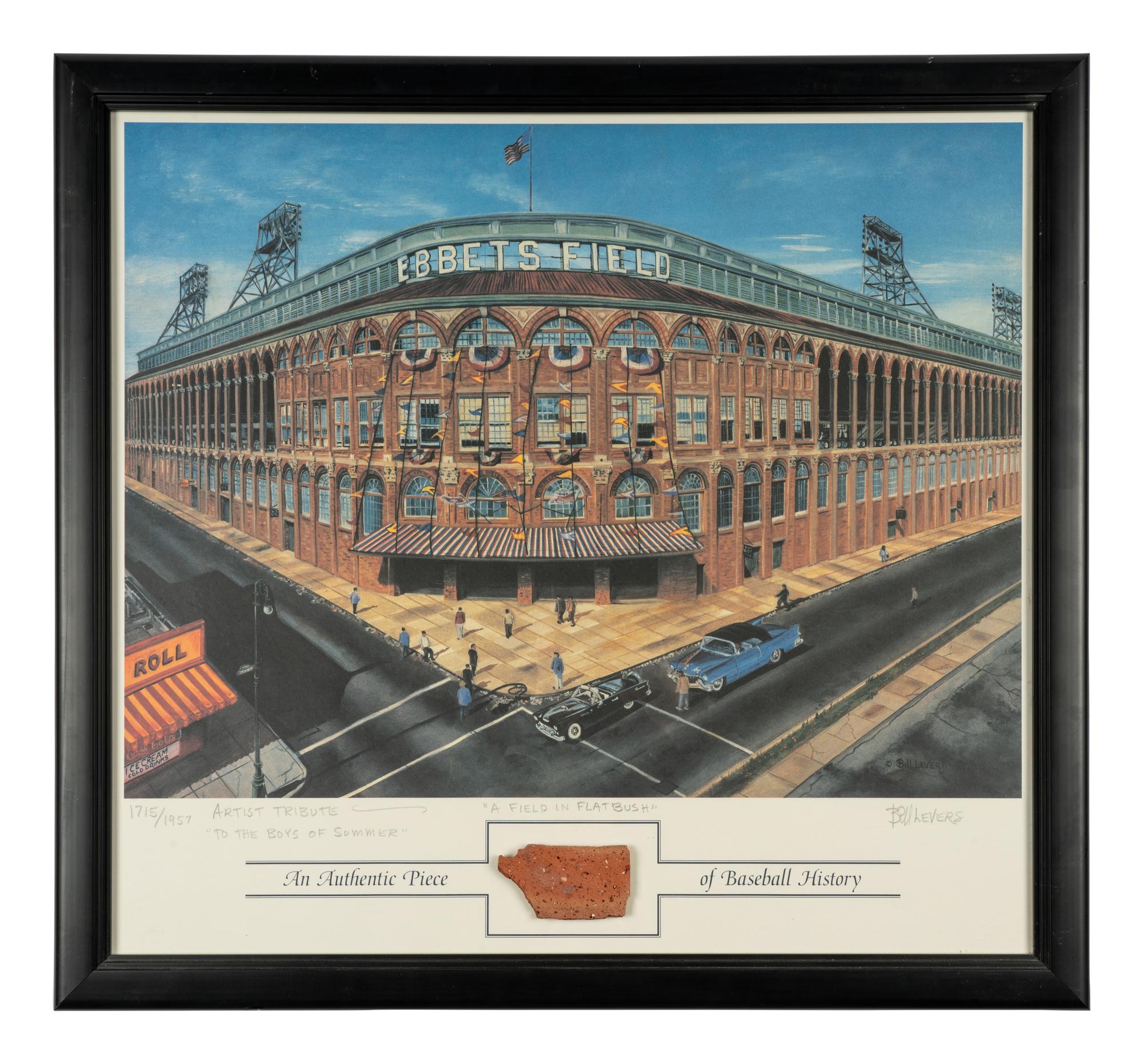 "A Field In Flatbush" Ebbets Field Lithograph Featuring Authentic Exterior Brick Relic,