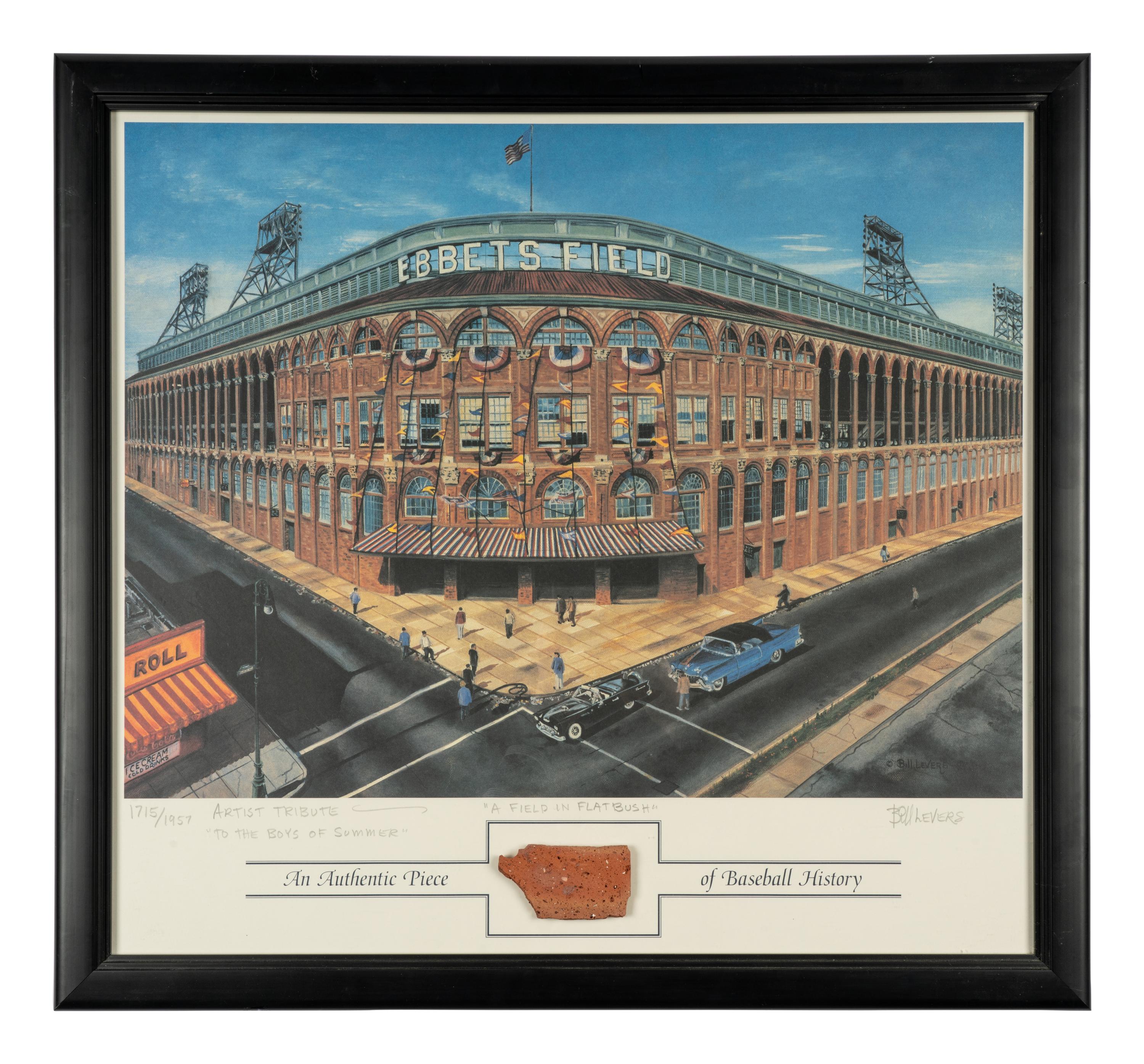 "A Field In Flatbush" Ebbets Field Lithograph Featuring Authentic Exterior Brick Relic,
