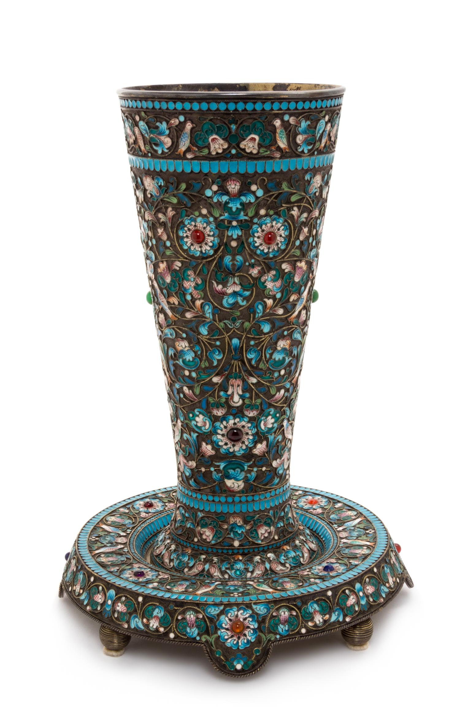A Russian Enameled Silver Vase and Underplate, Mark of Mikail Grachev with an Imperial Warrant, St. Petersburg, Late 19th/Early 20th Ce