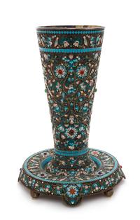 A Russian Enameled Silver Vase and Underplate, Mark of Mikail Grachev with an Imperial Warrant, St. Petersburg, Late 19th/Early 20th Ce
