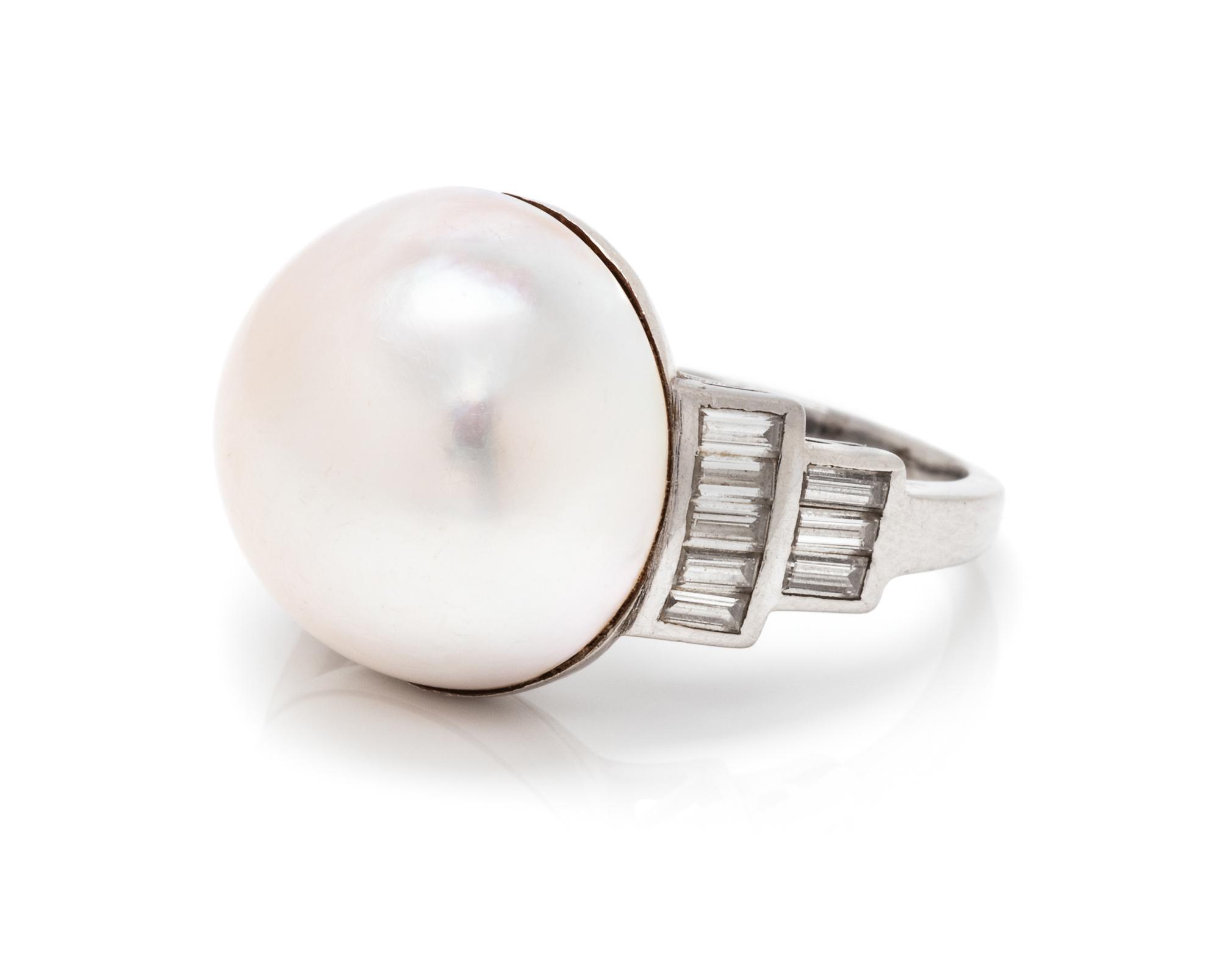 A Platinum, Cultured Mabe Pearl and Diamond Ring, 8.10 dwts.
