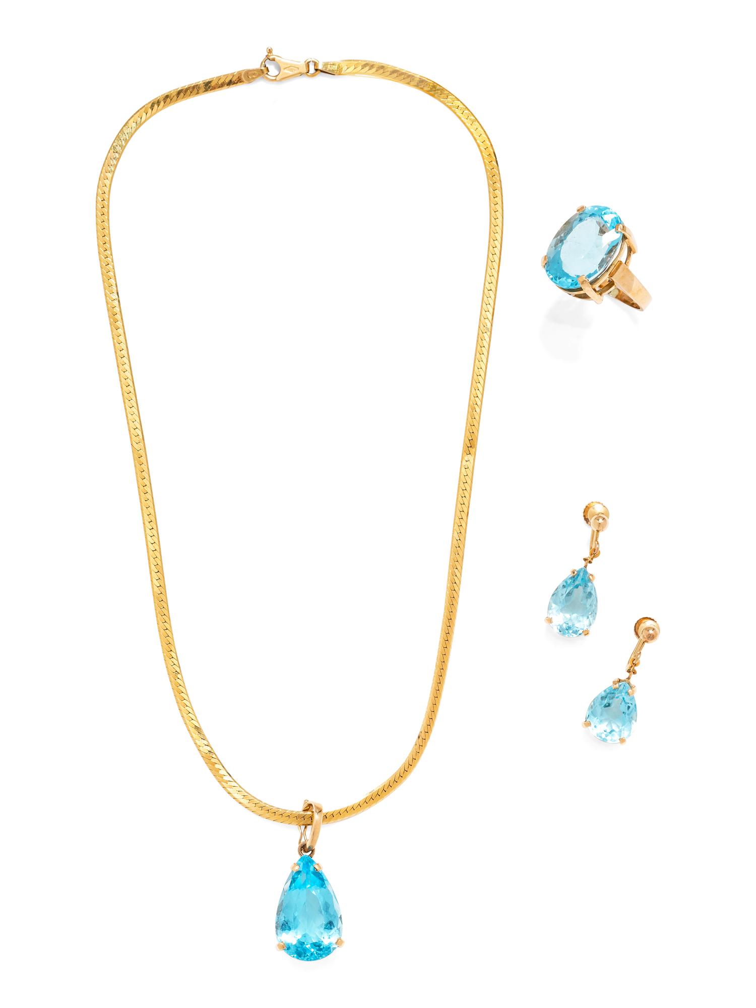 A Collection of 14 Karat Yellow Gold and Blue Topaz Jewelry,