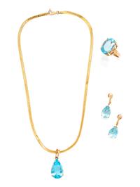 A Collection of 14 Karat Yellow Gold and Blue Topaz Jewelry,