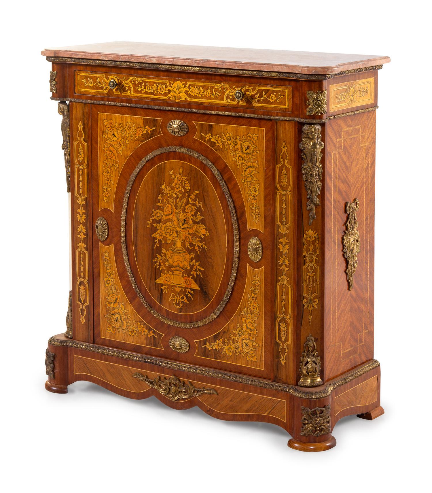 A Napoleon III Style Gilt Bronze Mounted Marble-Top Marquetry Cabinet