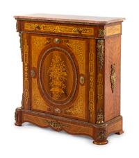 A Napoleon III Style Gilt Bronze Mounted Marble-Top Marquetry Cabinet