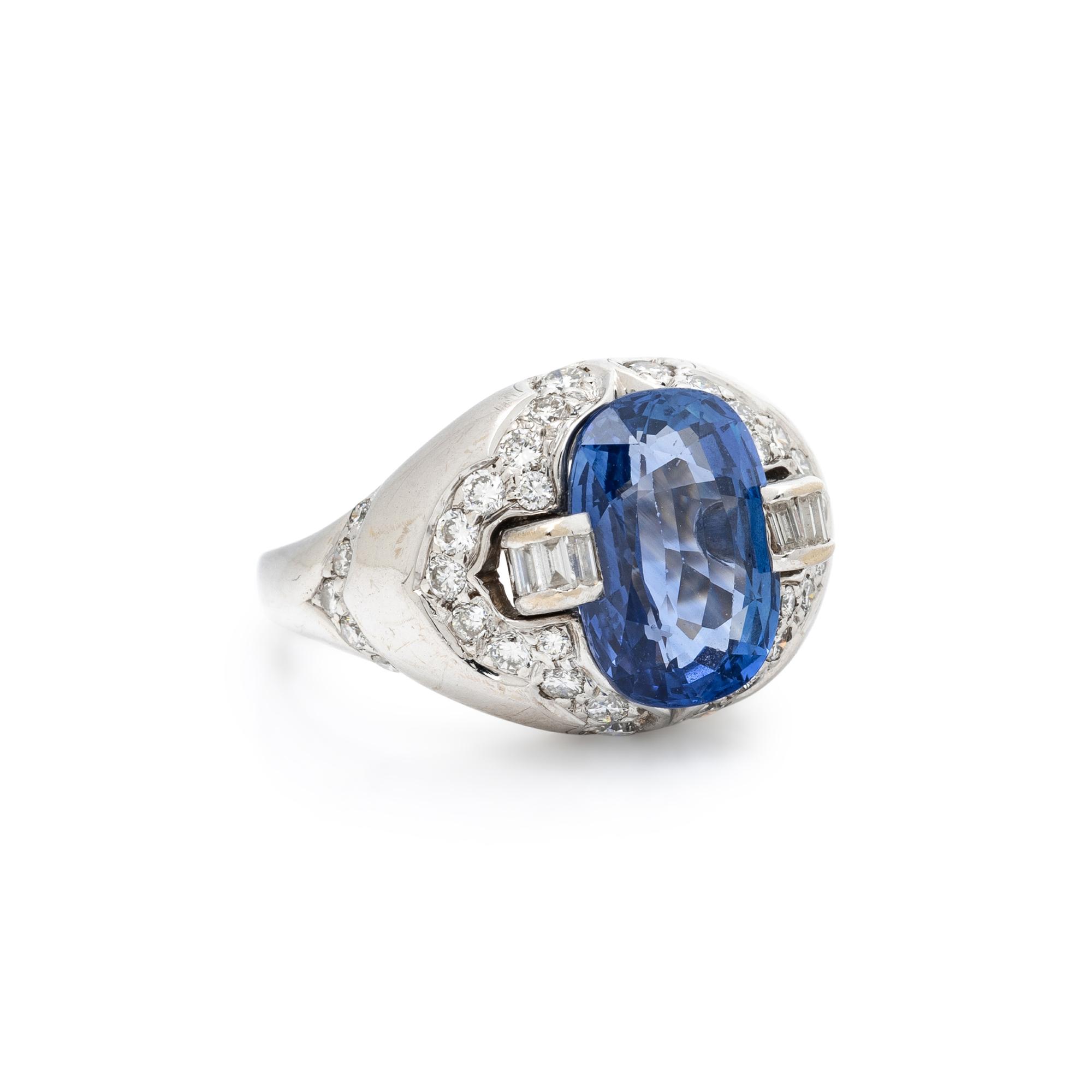 SAPPHIRE, DIAMOND, AND WHITE GOLD RING