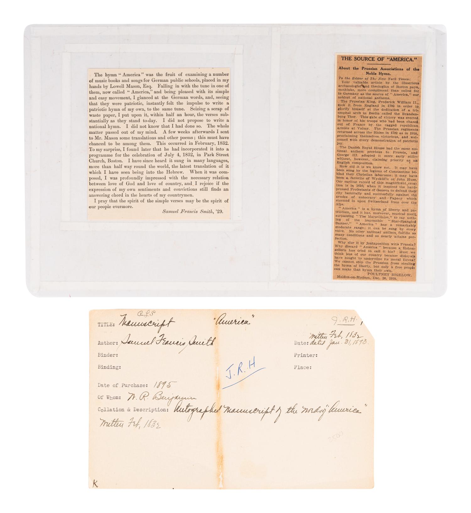 SMITH, Samuel Francis (1808-1895). Autograph manuscript signed ("S. Fr. Smith"), a fair copy of the full five verses of "America" ("My country 'tis of thee..."). N.p., 31 January 1893.