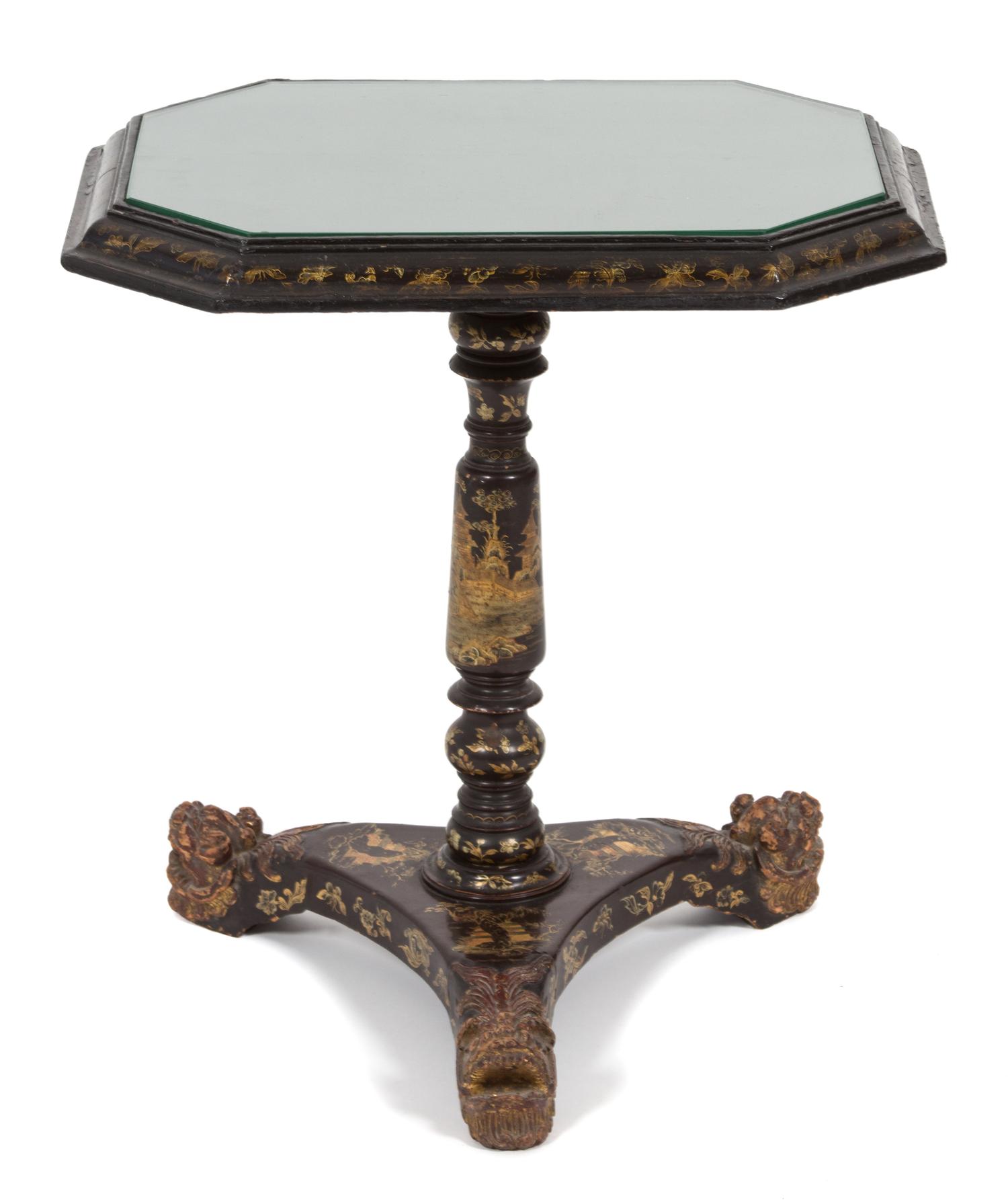 A Chinese Export Black and Gilt Lacquer Side Table Height 23 1/2 x width 21 3/4 x depth 16 1/2 inches. — 19TH CENTURY