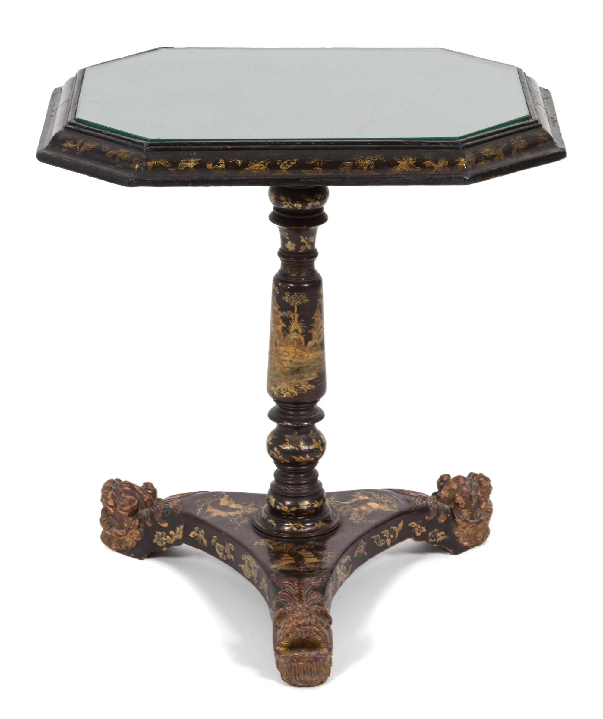 A Chinese Export Black and Gilt Lacquer Side Table Height 23 1/2 x width 21 3/4 x depth 16 1/2 inches. — 19TH CENTURY