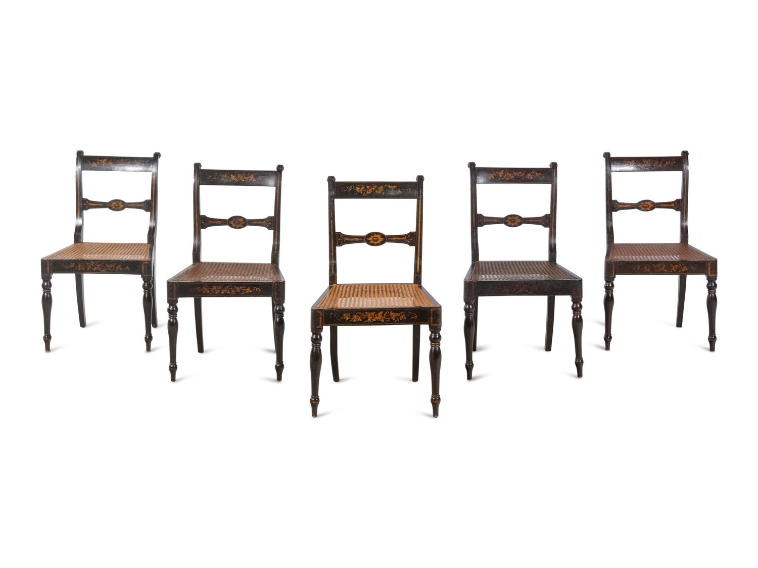 A Set of Five Regency Painted Cane Seat Dining Chairs