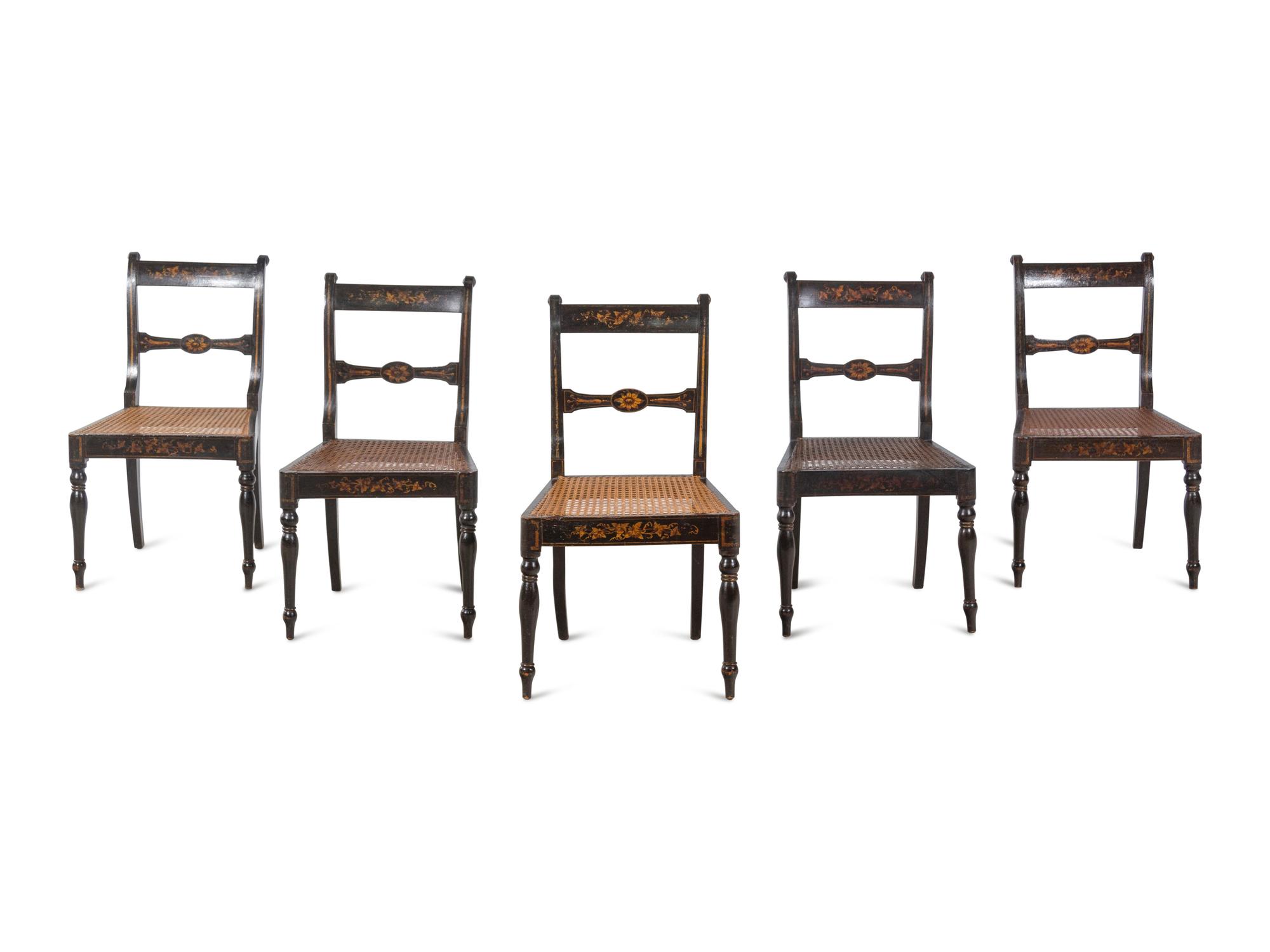 A Set of Five Regency Painted Cane Seat Dining Chairs