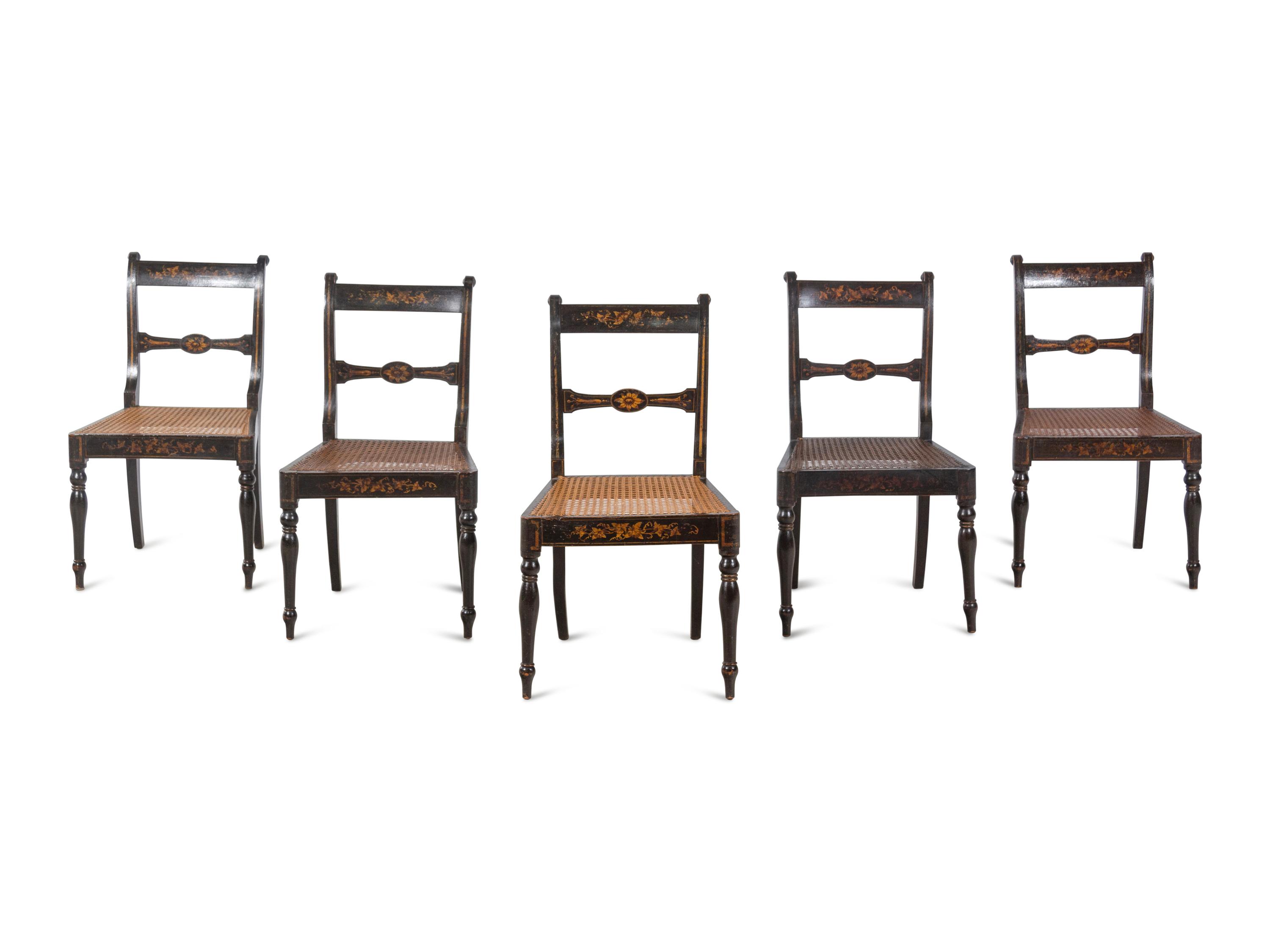 A Set of Five Regency Painted Cane Seat Dining Chairs