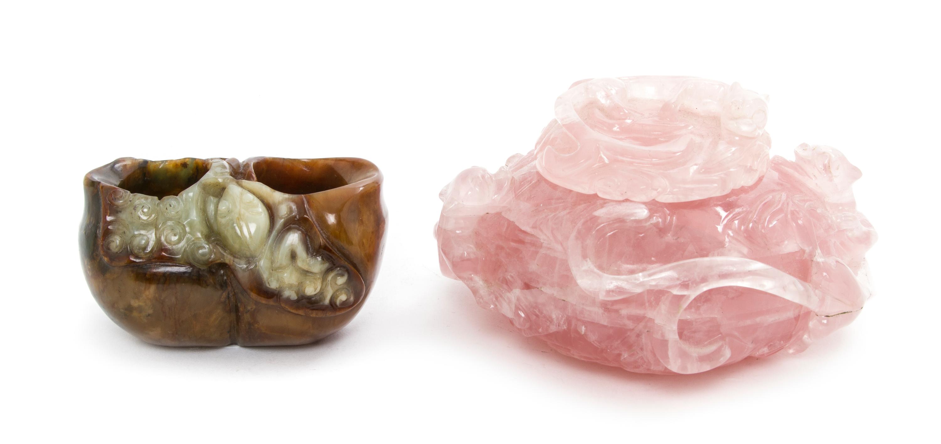 Two Chinese Carved Stone Inkwells, Width of wider 5 inches.
