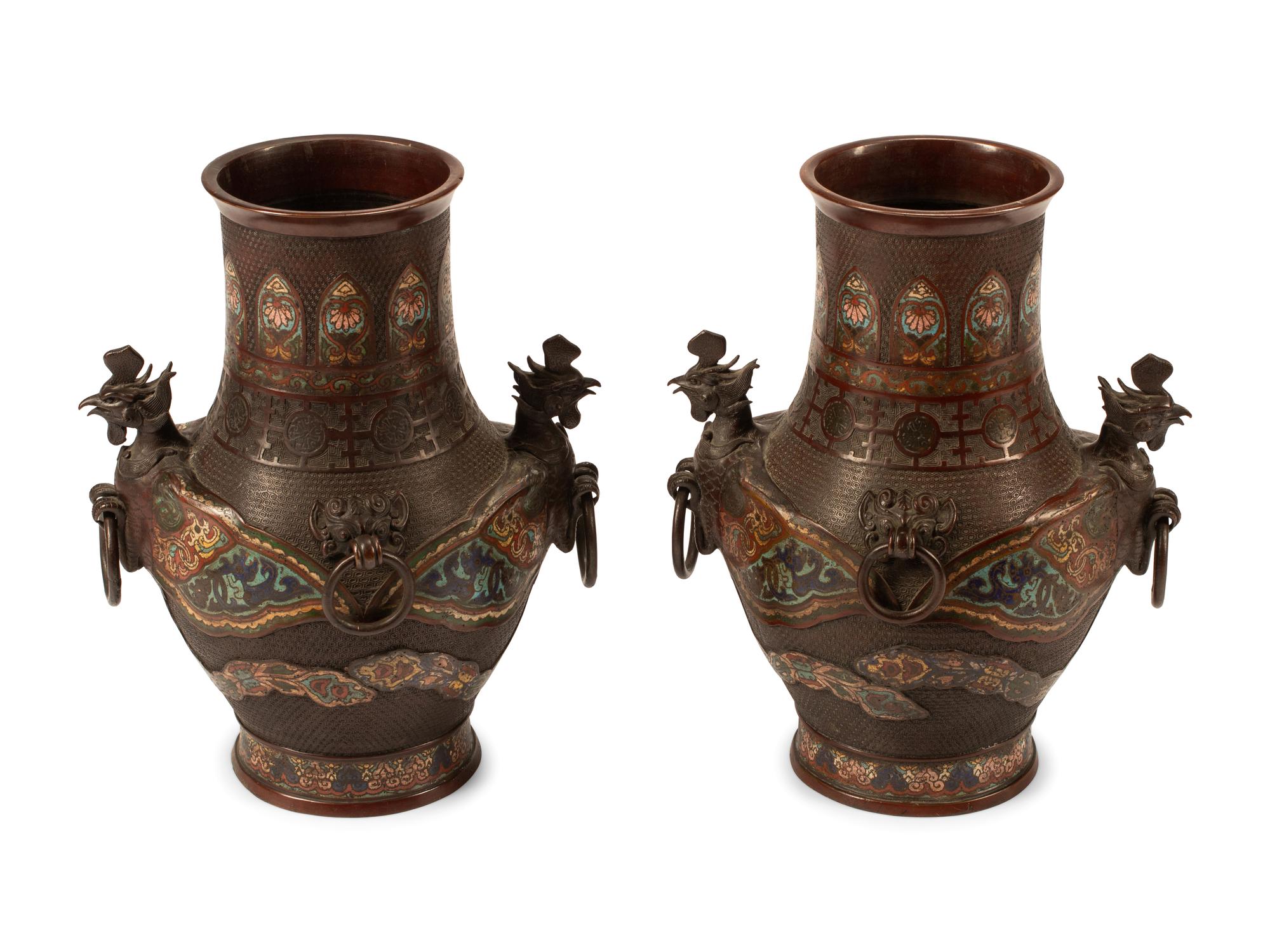 A Pair of Chinese Bronze and Champlevé Vases