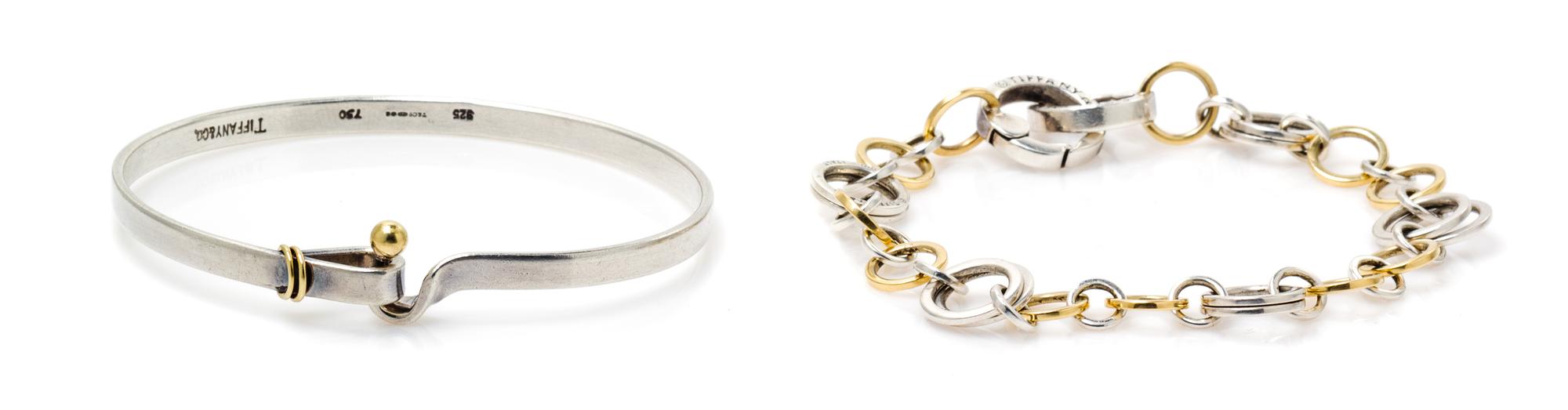 A Collection of Sterling Silver and 18 Karat Yellow Gold Bracelets, Tiffany & Co, 19.30 dwts.