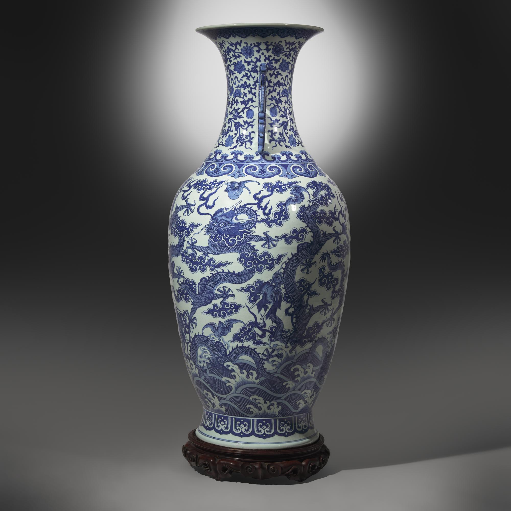A Magnificent, Monumental, and Extremely Rare Chinese Blue and White 'Nine Dragons' Vase, Qing Dynasty, Jiaqing/Daoguang Period — 清嘉慶/道光 巨型青花九龍大瓶（附山中商會1943年圖錄）