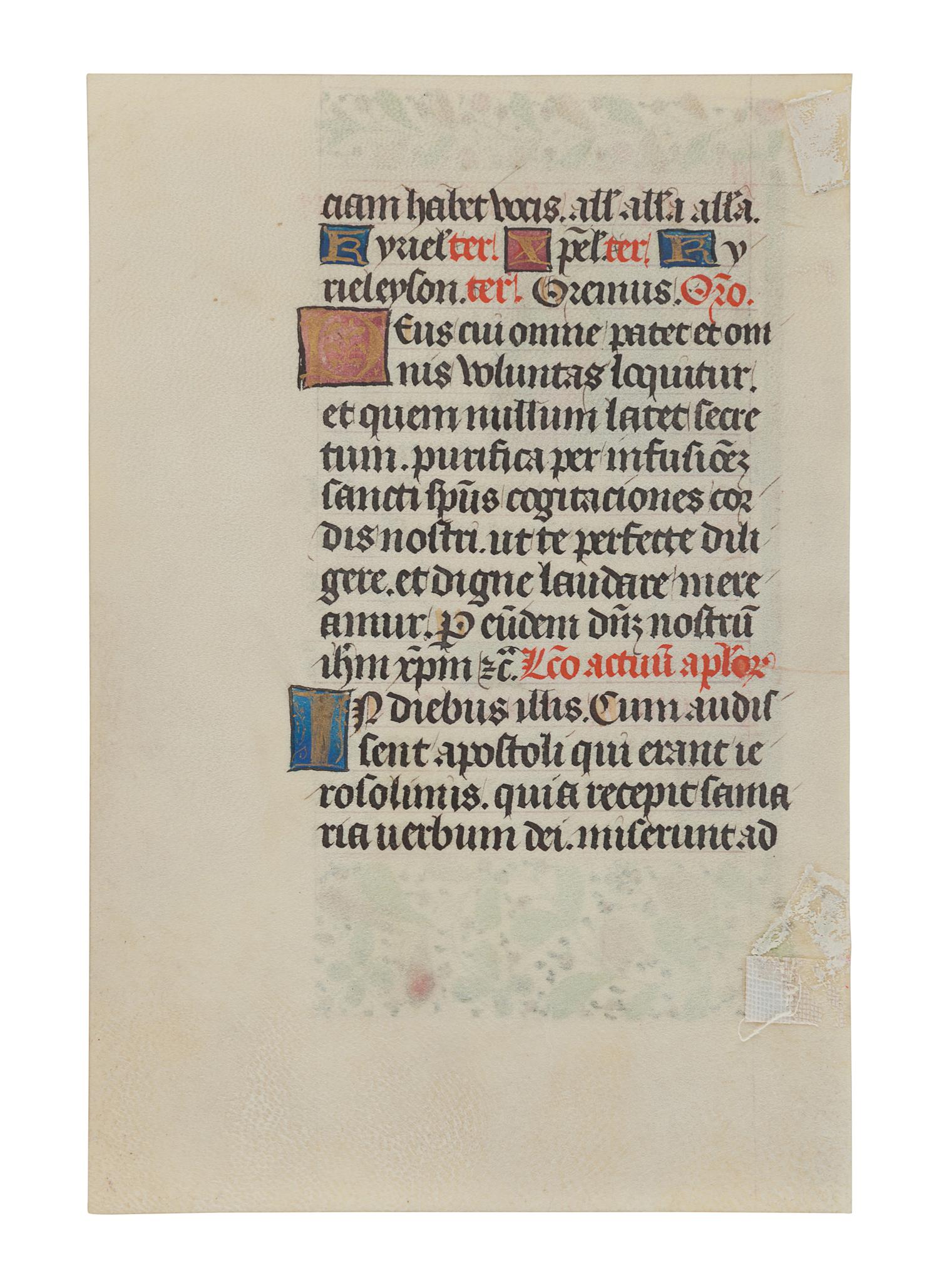 [ILLUMINATED MANUSCRIPTS]. Leaf from a Book of Hours with historiated initial “S” on recto depicting the Pentecost. [France, c.1450].