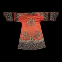 A Chinese Apricot Ground Embroidered 'Peony and Butterfly' Silk Semi-Informal Lady's Robe, Jifupao, late 18th/19th Century 清中期 杏子緞繡八團蝶戀花吉服袍