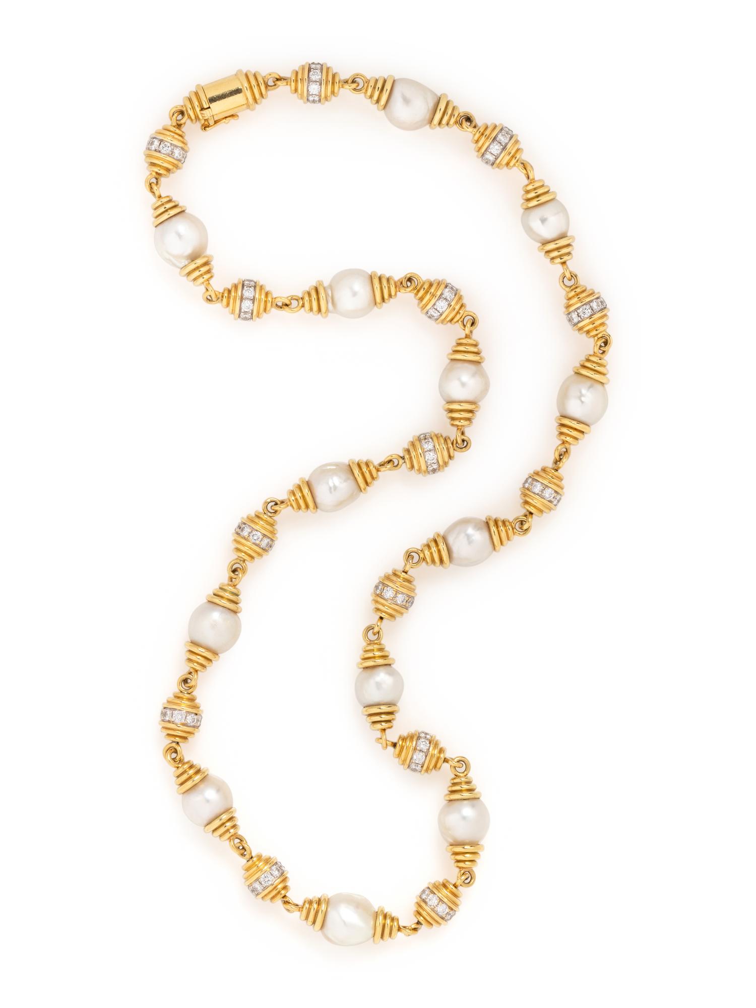 YELLOW GOLD, DIAMOND AND CULTURED BAROQUE PEARL NECKLACE