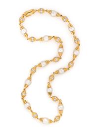 YELLOW GOLD, DIAMOND AND CULTURED BAROQUE PEARL NECKLACE