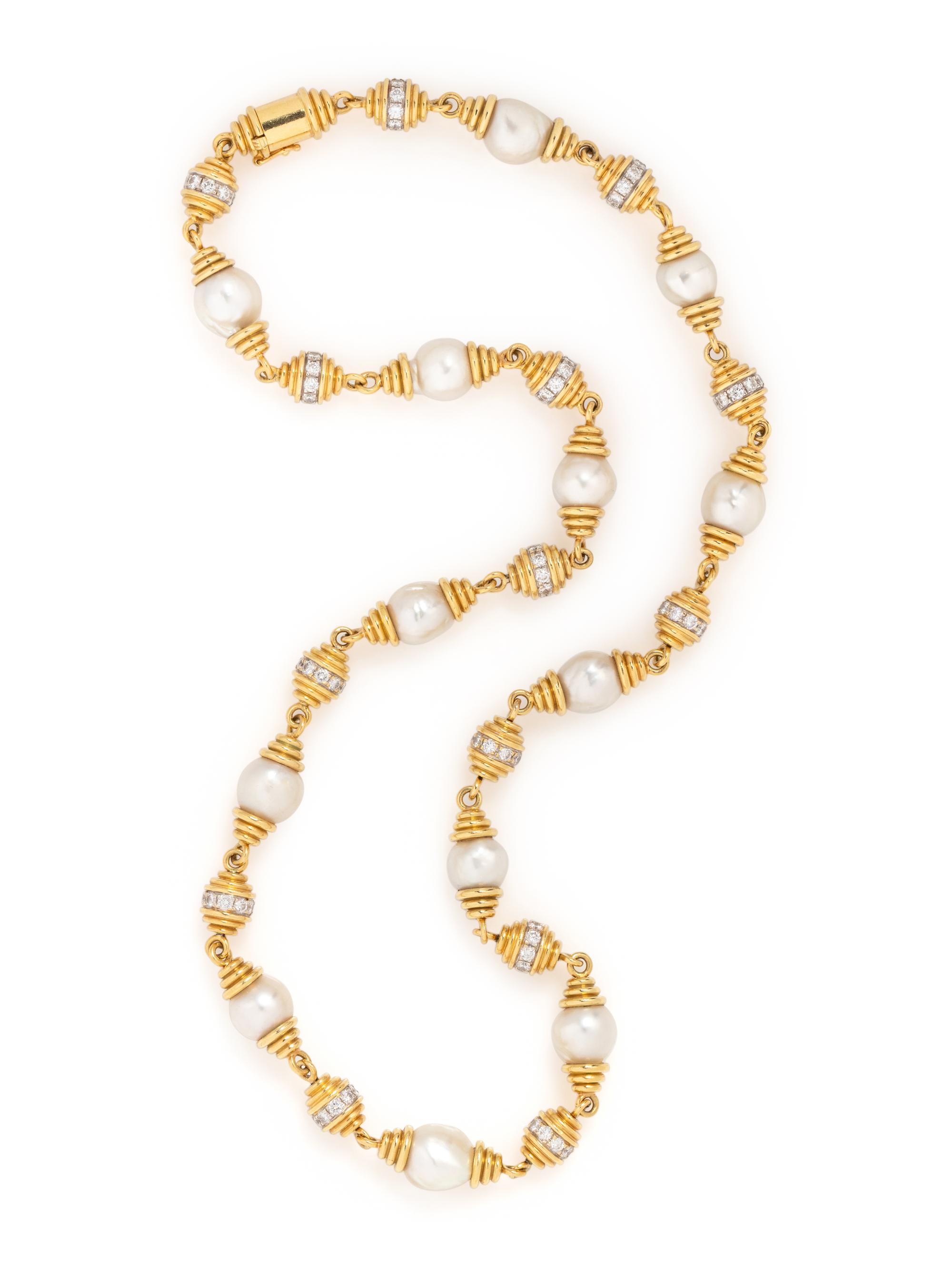 YELLOW GOLD, DIAMOND AND CULTURED BAROQUE PEARL NECKLACE