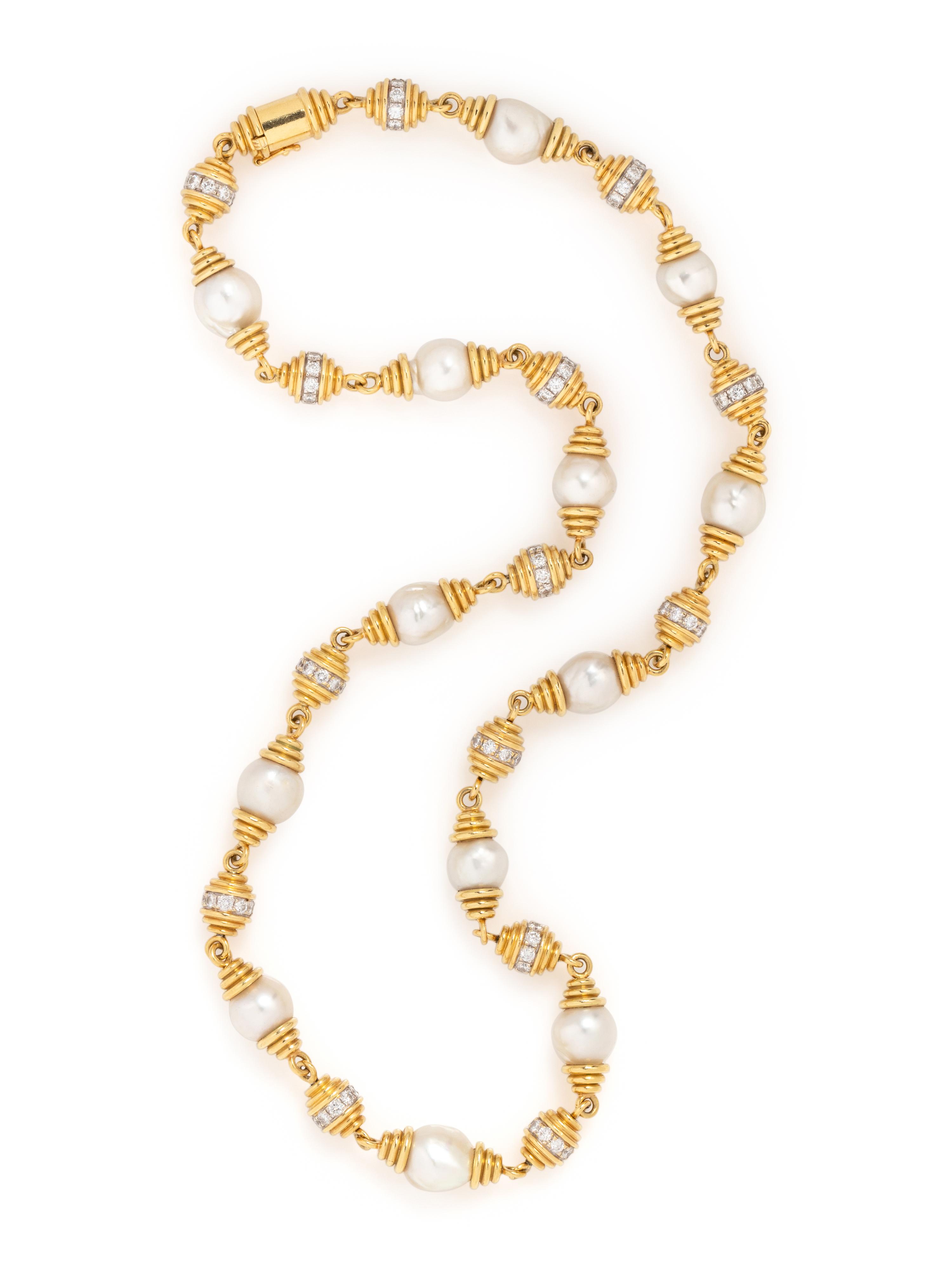 YELLOW GOLD, DIAMOND AND CULTURED BAROQUE PEARL NECKLACE